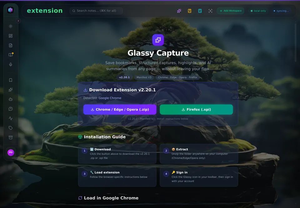 Glassy Capture install page: detected browser, install buttons, and the four-step guide