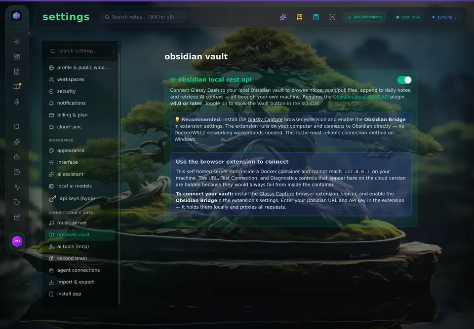 Obsidian vault settings: Local REST API connected, with the browser-extension bridge recommended