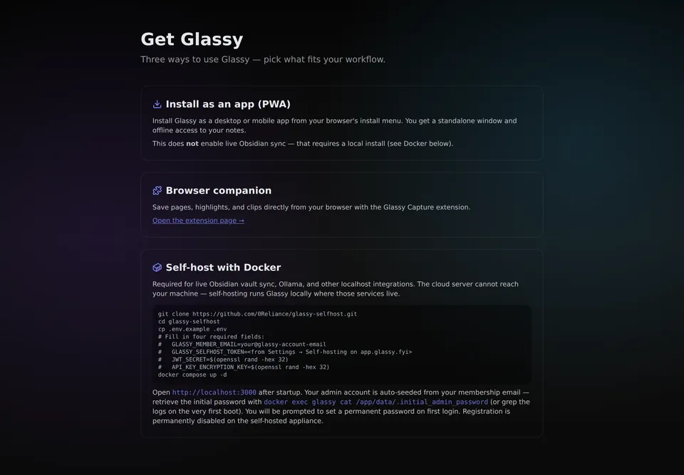 Get Glassy: PWA, browser companion, and the Docker bring-up commands